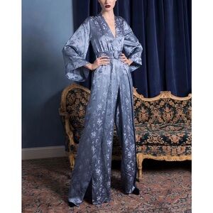 Alice + Olivia Steel Blue Satin Jumpsuit with Belt